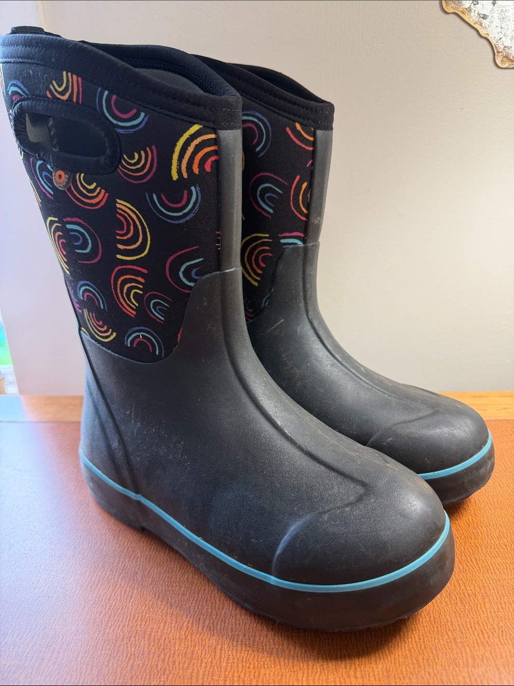 Bogs Black Rain Boots with Multicolor Rainbow Accents